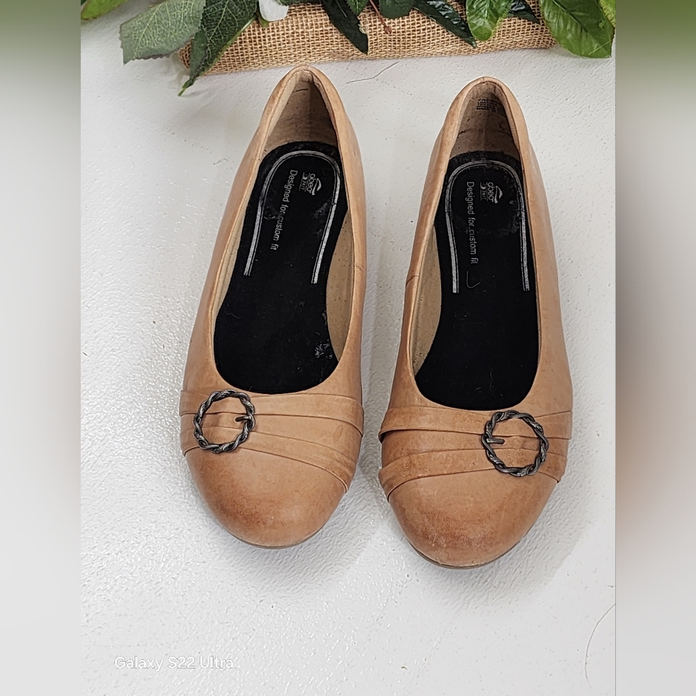 Nude Leather Ballet Flats with Circular Embellishment